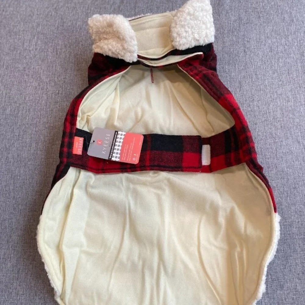 Dog Jacket Checked Plaid w/ Leash Hole, Winter Windproof Soft Lined